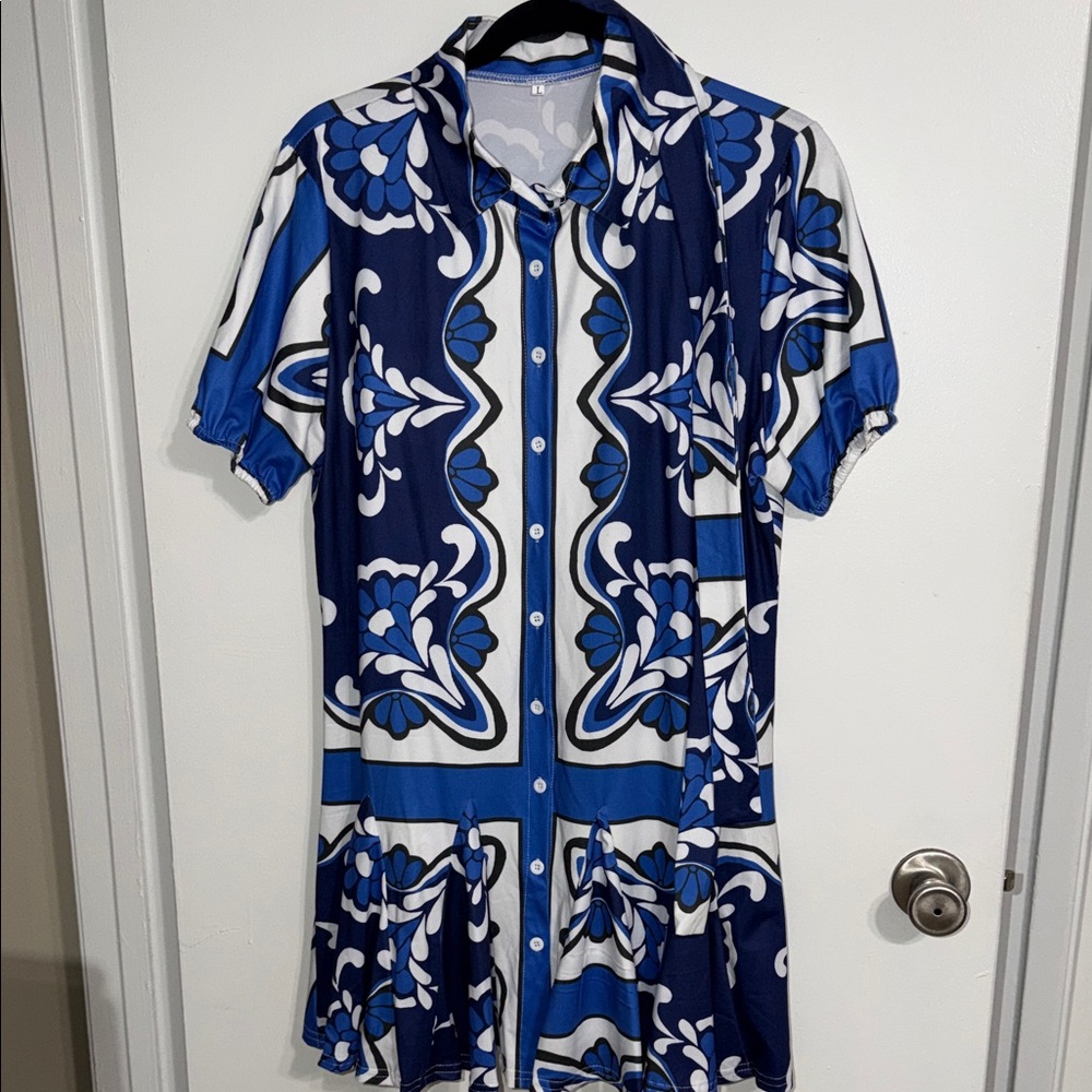 Blue and White Button-Front Floral Shirt Dress